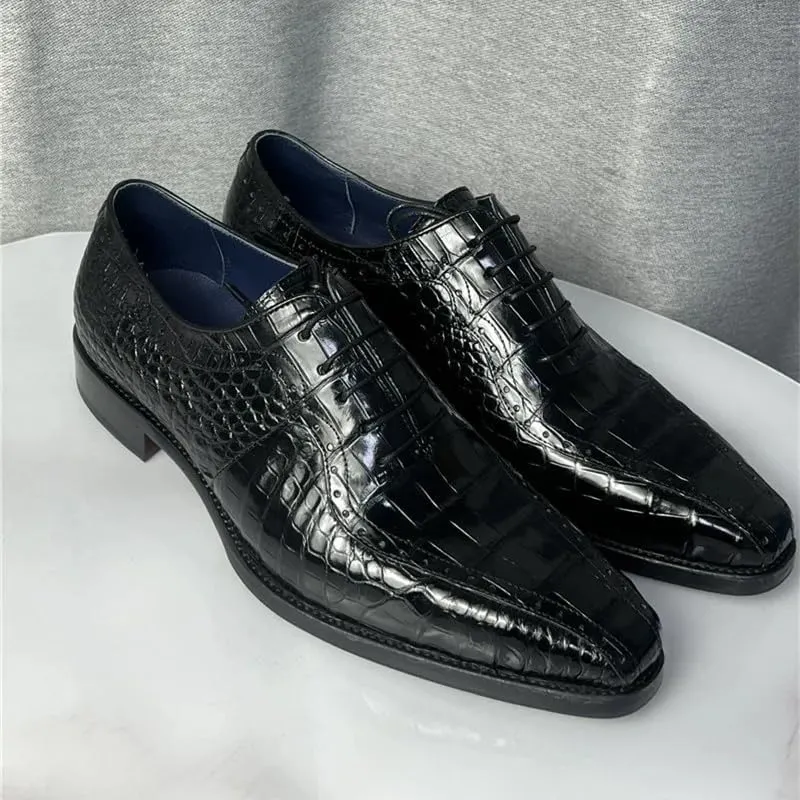 Authentic Crocodile Skin Square-Toe Design Businessmen Dress Shoes Genuine Alligator Leather Handmade Male Lace-up Oxford Shoes, Black