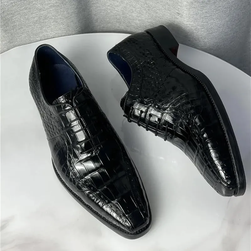 Authentic Crocodile Skin Square-Toe Design Businessmen Dress Shoes Genuine Alligator Leather Handmade Male Lace-up Oxford Shoes, Black