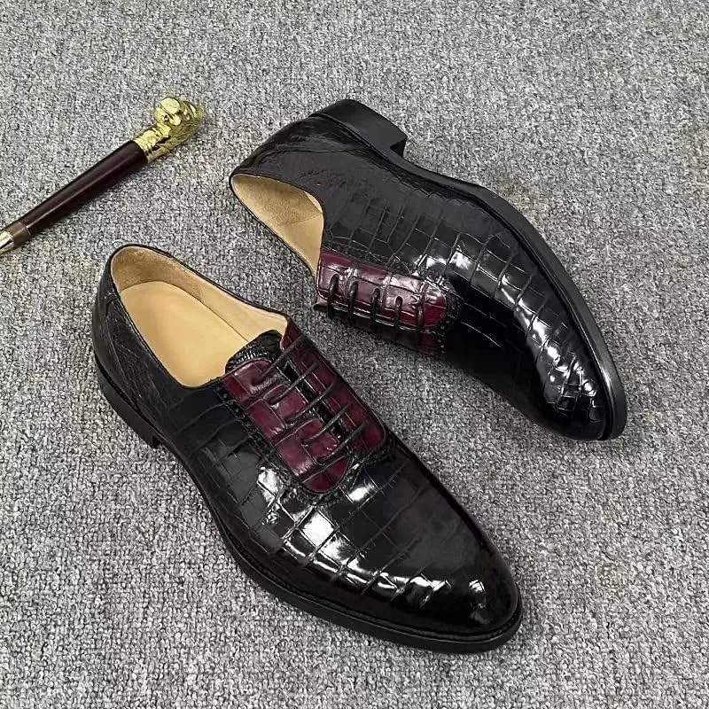 Authentic Real Crocodile Skin Black Red Mixed Color Men Oxford Shoes Genuine Alligator Leather Male Lace-up Wedding Dress Shoes