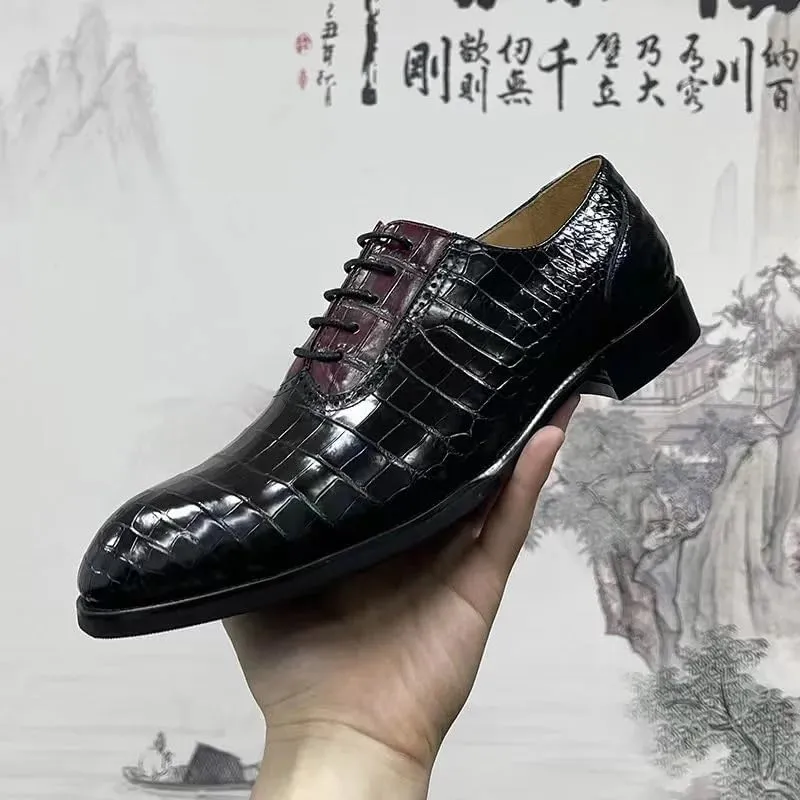 Authentic Real Crocodile Skin Black Red Mixed Color Men Oxford Shoes Genuine Alligator Leather Male Lace-up Wedding Dress Shoes