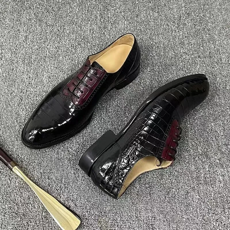 Authentic Real Crocodile Skin Black Red Mixed Color Men Oxford Shoes Genuine Alligator Leather Male Lace-up Wedding Dress Shoes