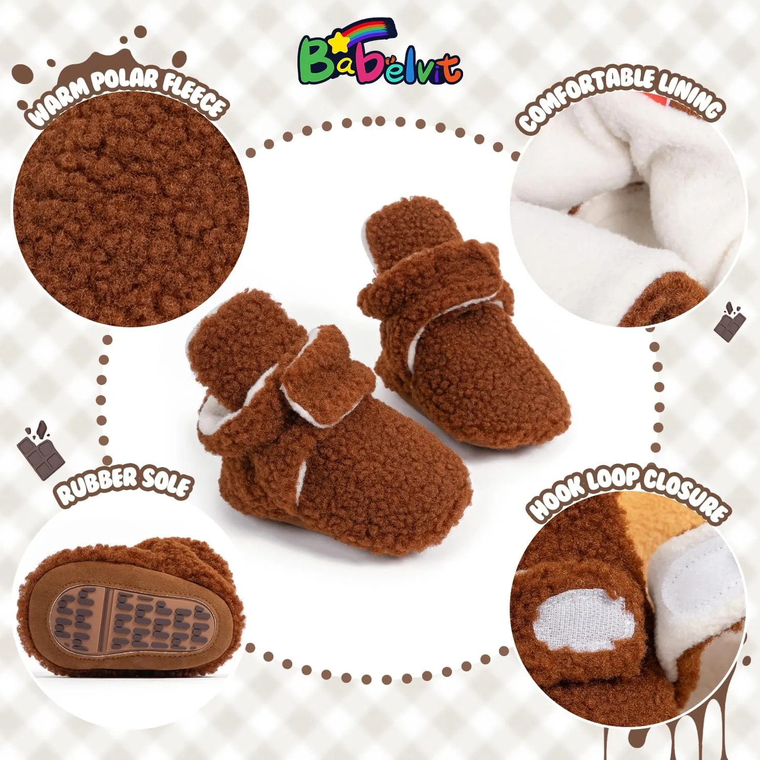 Babelvit Newborn Baby Boy Girl Soft Fleece Booties Stay On Infant Slippers Socks Shoe Non Skid Gripper Toddler First Walkers Winter Ankle Crib Shoes