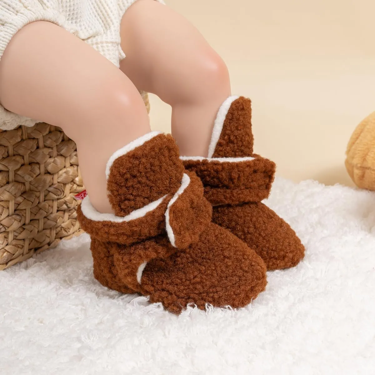 Babelvit Newborn Baby Boy Girl Soft Fleece Booties Stay On Infant Slippers Socks Shoe Non Skid Gripper Toddler First Walkers Winter Ankle Crib Shoes