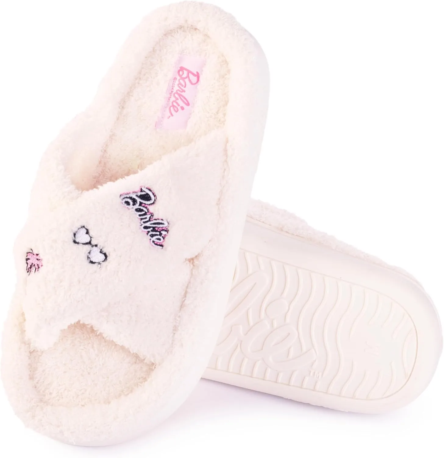 Barbie Women's Cozy X-Band and Open Toe Faux Fur Memory Foam Indoor Outdoor Soled Slipper in Xs-XL