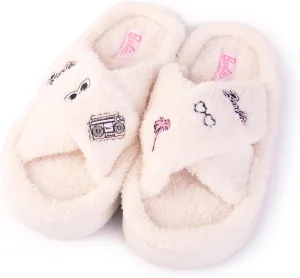 Barbie Women's Cozy X-Band and Open Toe Faux Fur Memory Foam Indoor Outdoor Soled Slipper in Xs-XL