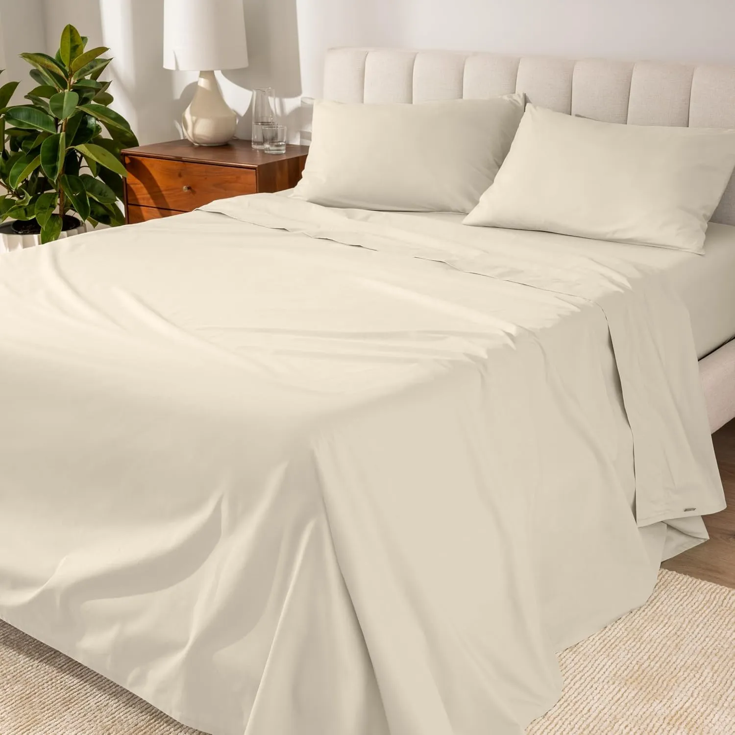 Bare Home 100% Organic Cotton Queen Sheet Set - Crisp Percale Weave - 260 Thread Count - Lightweight & Breathable - Bedding Sheets & Pillowcases (Queen, Sand)