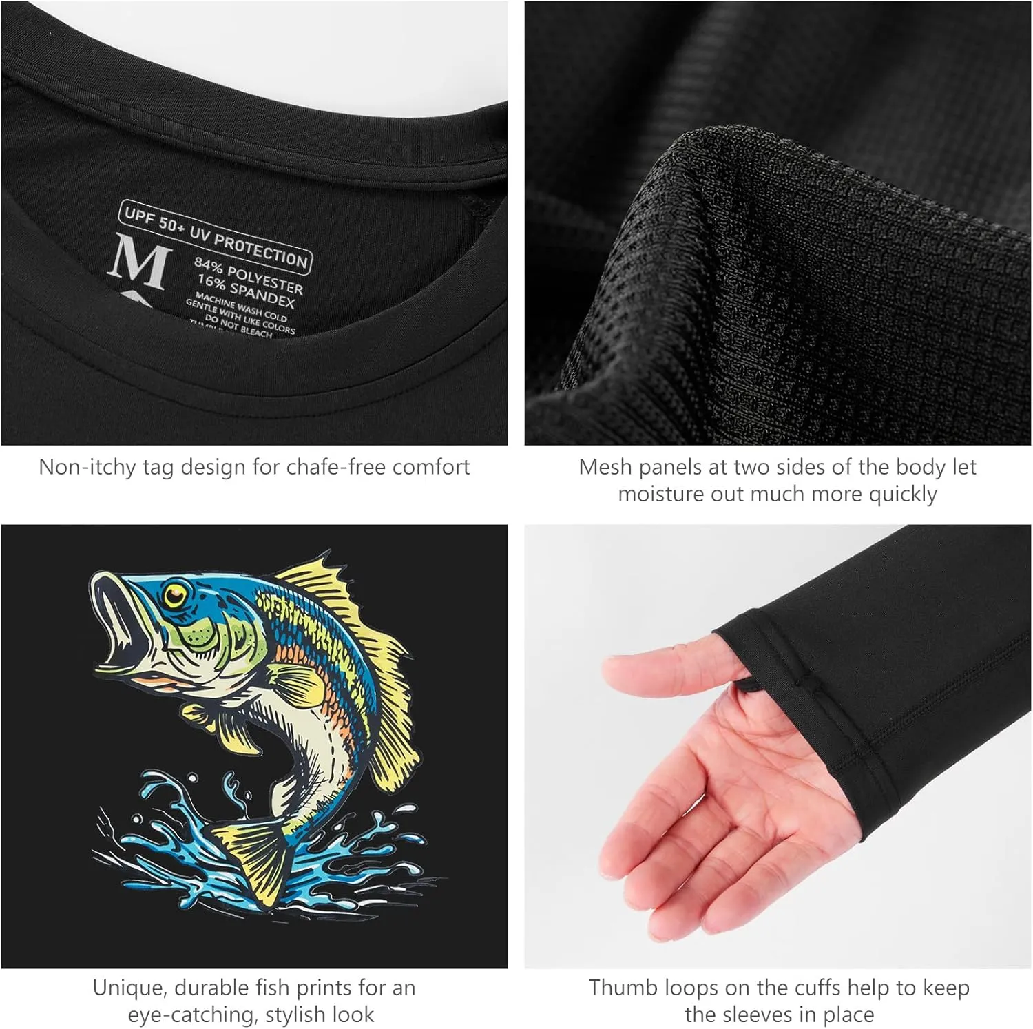 BASSDASH Men’s Fish Graphic UPF 50  Long Sleeve Fishing Shirts Sun Protection Breathable Moisture Wicking T-Shirt