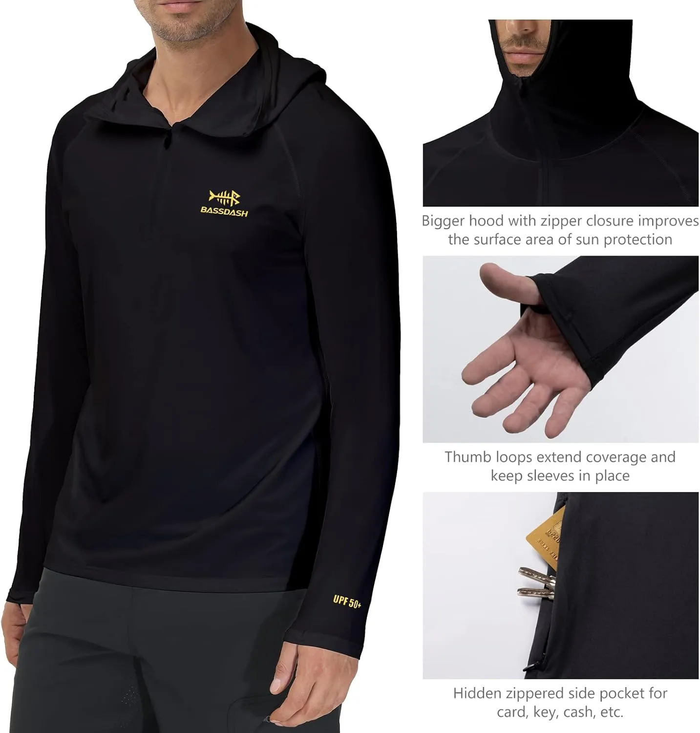 BASSDASH Men’s UPF 50  1/4 Zip Fishing Hoodie Shirt Quick Dry Performance Long Sleeve Sun Protection FS24M