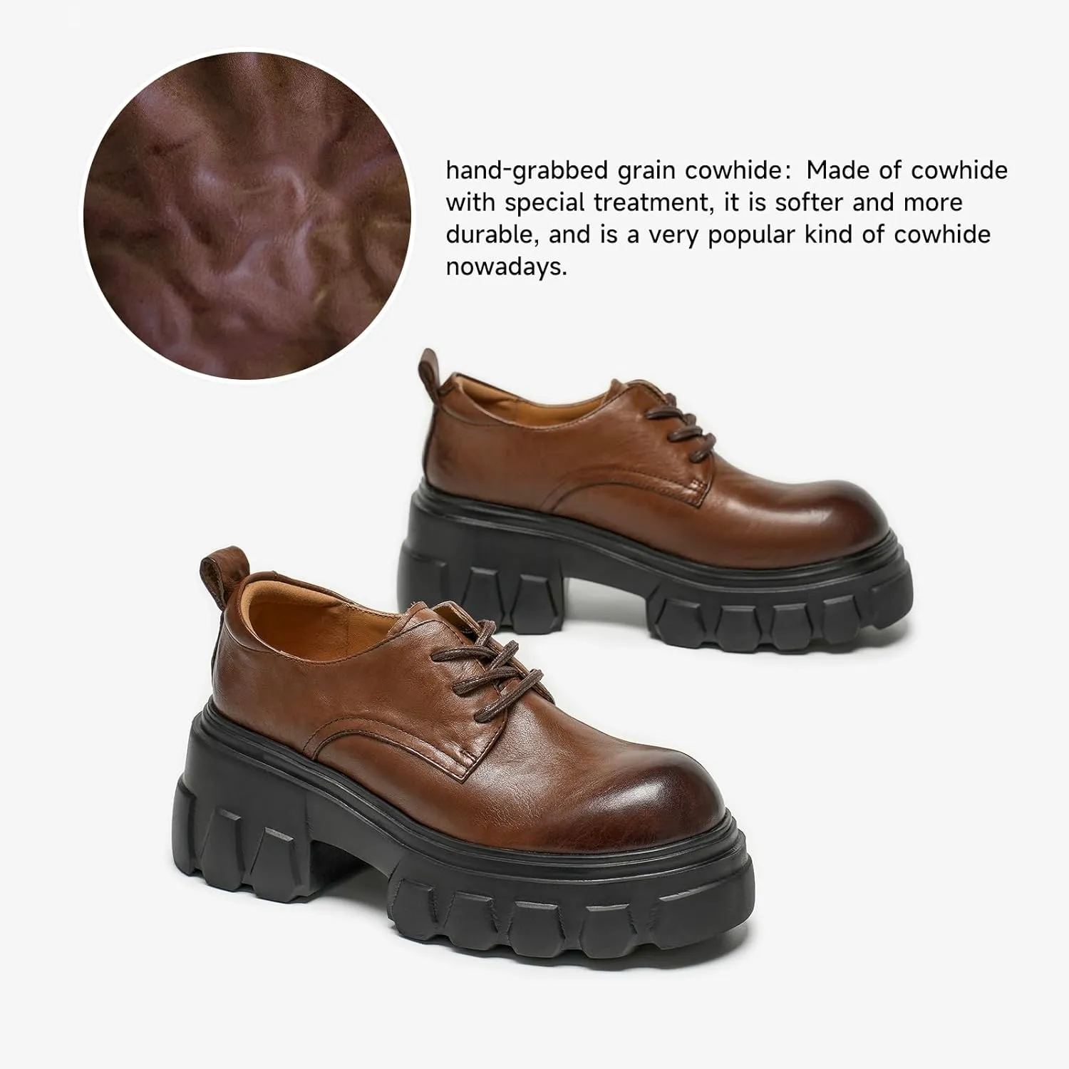BEAU TODAY Platform Oxfords for Women, Oxford Shoes for Women,Chunky Cow Leather Lace up Dress Shoes,Fashion Casual Comfort Brethable Ladies Handmade Oxford Shoes