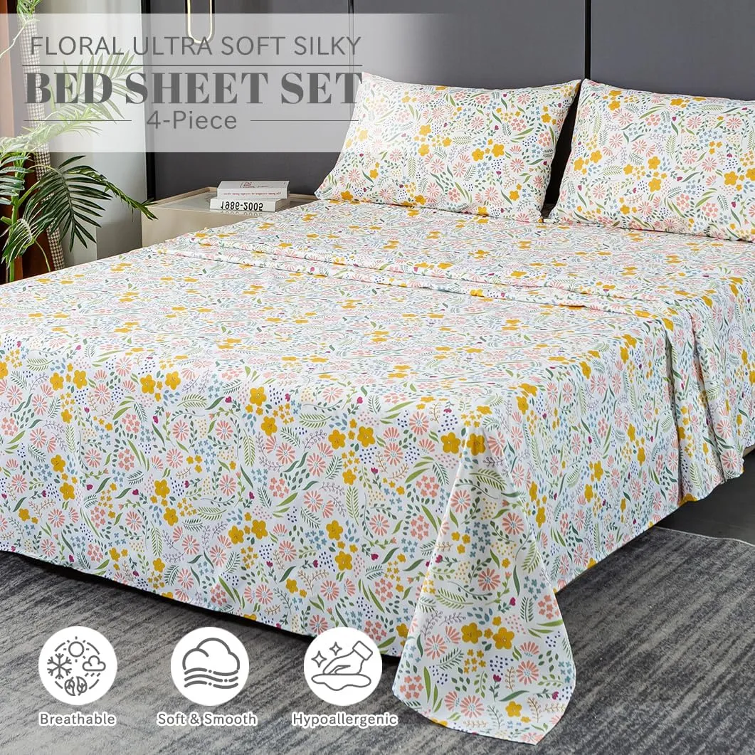 Bedlifes Queen Sheet Set Ultra Soft, Breathable, Silky Flower Deep Pocket 100% Microfiber Bedding, 4 Piece Queen Size Floral