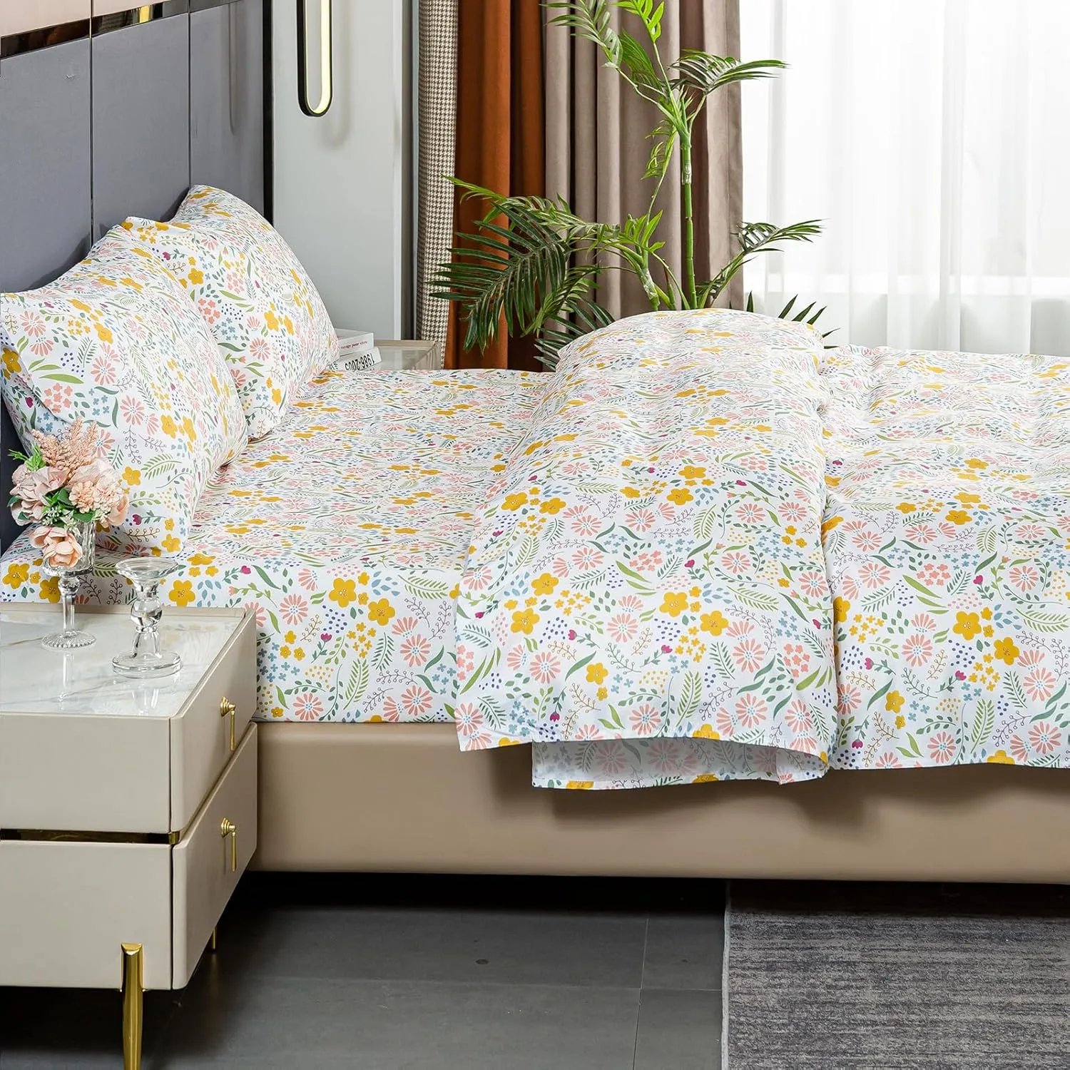 Bedlifes Queen Sheet Set Ultra Soft, Breathable, Silky Flower Deep Pocket 100% Microfiber Bedding, 4 Piece Queen Size Floral