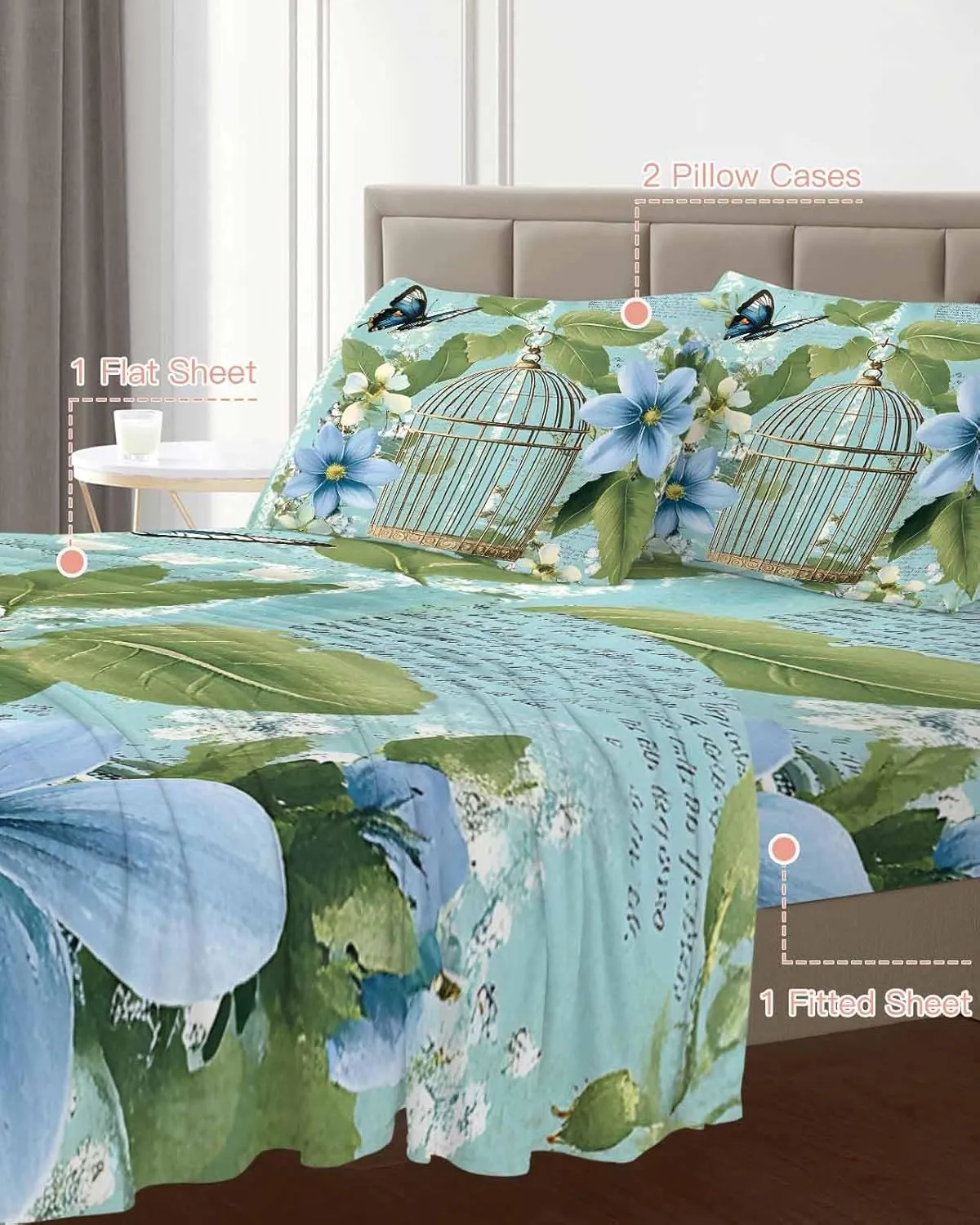 Birds Cage King Sheet Set 4 Piece Bedding - Spring Botanical Blue Floral Breathable Comfy Cooling Bed Sheets & Pillowcase Sets, Hotel Luxury Flat Sheets Deep Pockets Fitted Sheet for Women Men