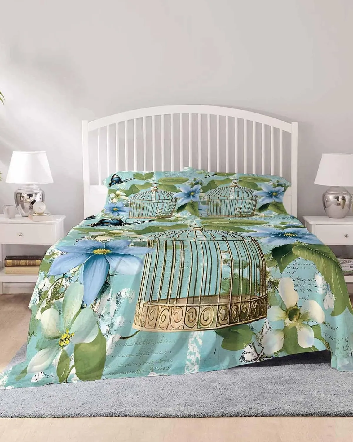 Birds Cage King Sheet Set 4 Piece Bedding - Spring Botanical Blue Floral Breathable Comfy Cooling Bed Sheets & Pillowcase Sets, Hotel Luxury Flat Sheets Deep Pockets Fitted Sheet for Women Men