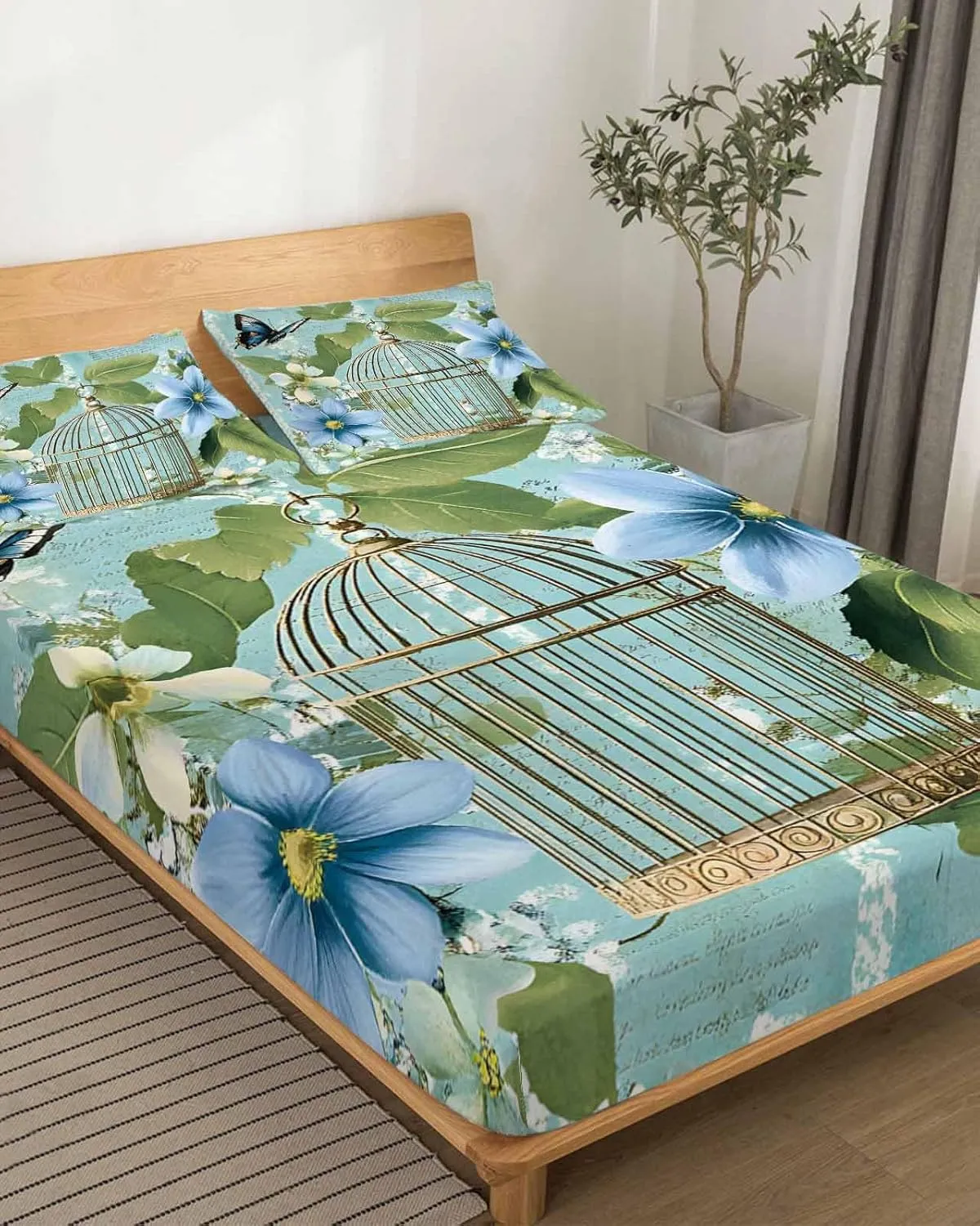 Birds Cage King Sheet Set 4 Piece Bedding - Spring Botanical Blue Floral Breathable Comfy Cooling Bed Sheets & Pillowcase Sets, Hotel Luxury Flat Sheets Deep Pockets Fitted Sheet for Women Men