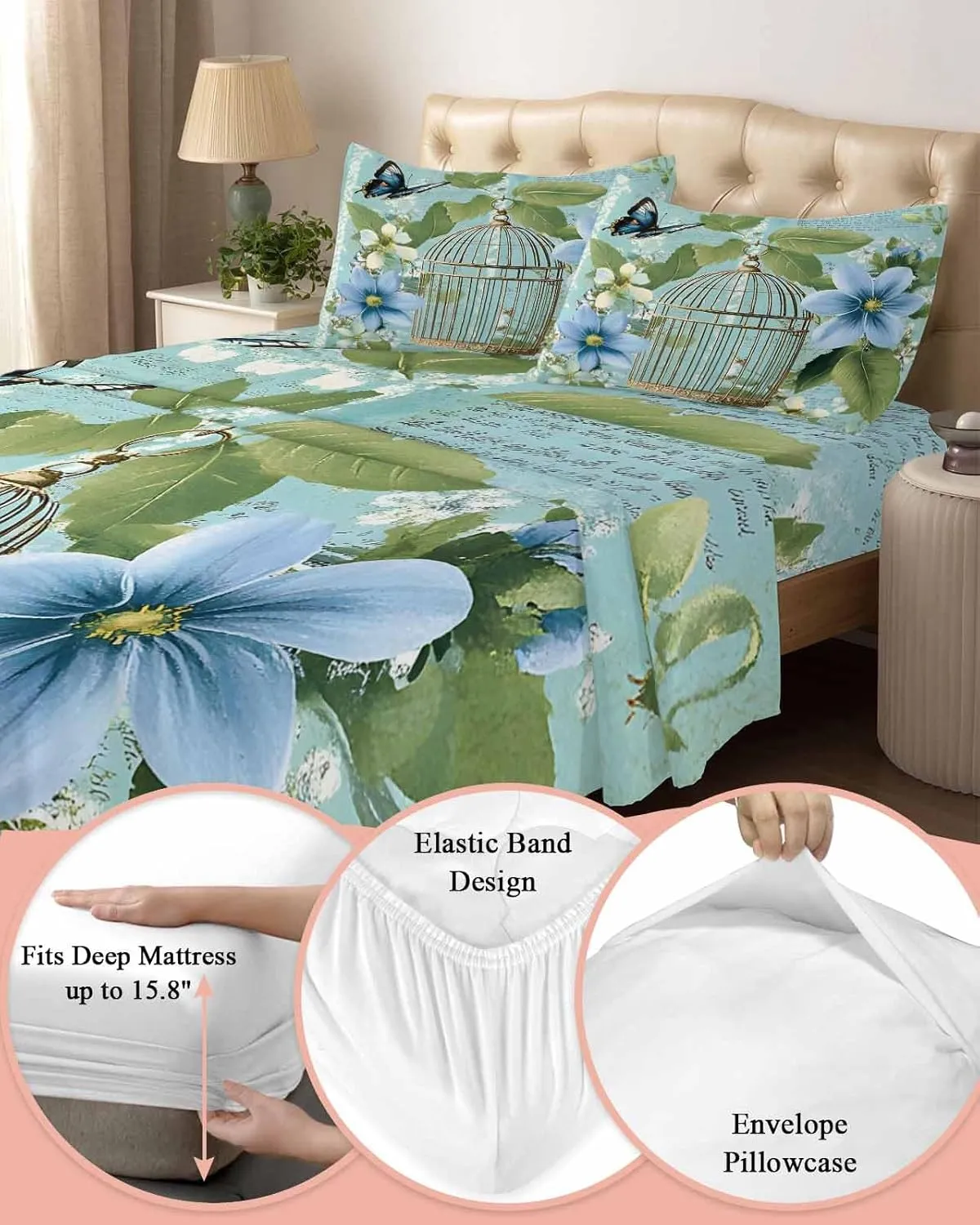 Birds Cage King Sheet Set 4 Piece Bedding - Spring Botanical Blue Floral Breathable Comfy Cooling Bed Sheets & Pillowcase Sets, Hotel Luxury Flat Sheets Deep Pockets Fitted Sheet for Women Men
