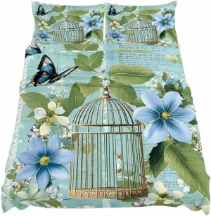 Birds Cage King Sheet Set 4 Piece Bedding - Spring Botanical Blue Floral Breathable Comfy Cooling Bed Sheets & Pillowcase Sets, Hotel Luxury Flat Sheets Deep Pockets Fitted Sheet for Women Men