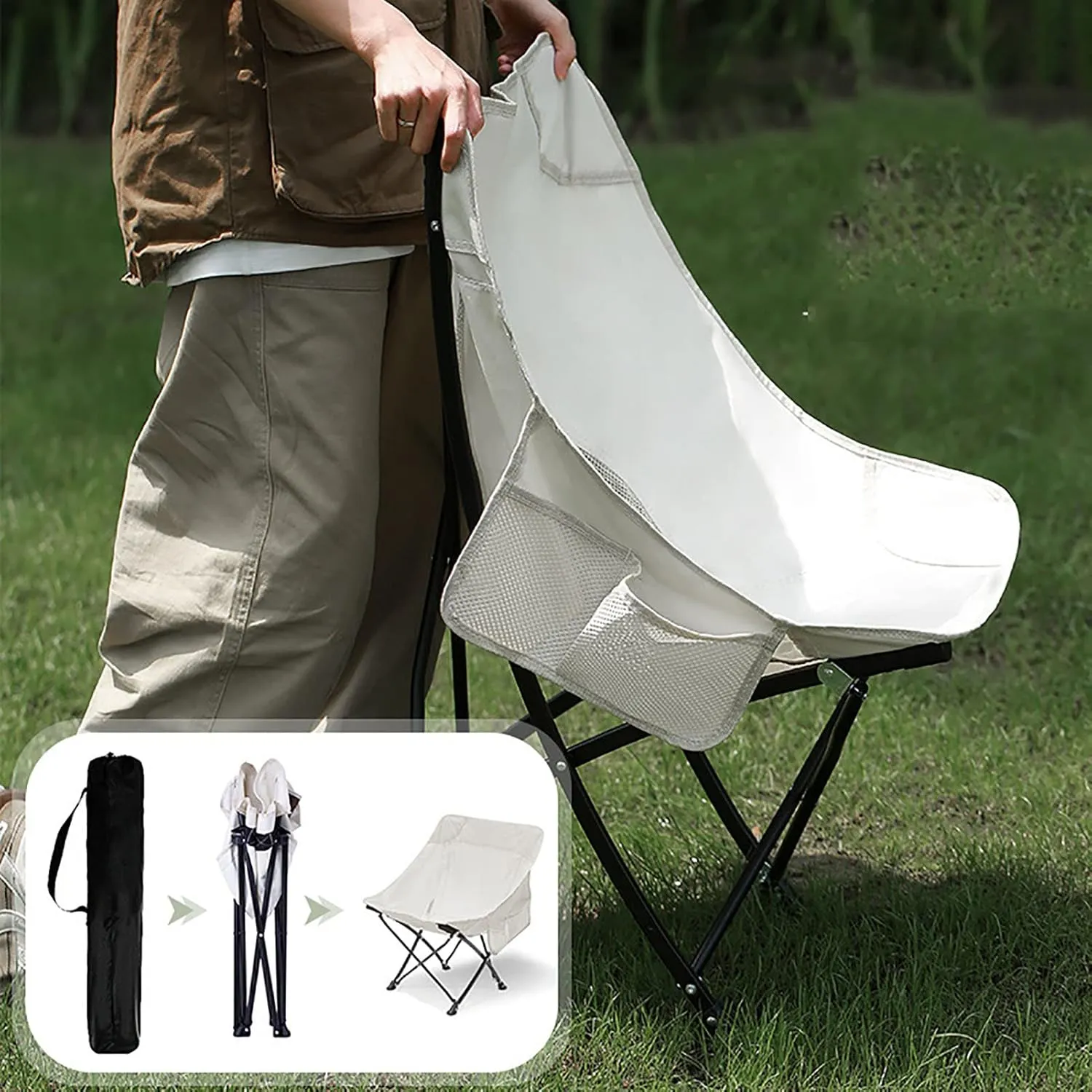 BK&MF Outdoor Folding Camping Chair,Portable Lightweight Reclining Lounge Chair Chair Beach Camp Chair with Cup Holder for Storage and Travel,G,60x40x75cm(24x16x30inch)