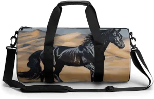Black Arabian Horse Cylindrical Gym Bag Travel Duffel Bag with Dry Wet Separated Pocket for Men And Women Overnight Bag Weekender Bag Training Handbag Yoga Bag