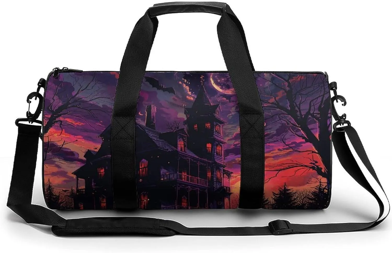 Black Haunted House Cylindrical Gym Bag Travel Duffel Bag with Dry Wet Separated Pocket for Men And Women Overnight Bag Weekender Bag Training Handbag Yoga Bag