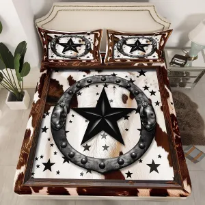 Black Western Texas Star Fitted Sheet American Horseshoe Cowhide Bedding Sets,Bull Cattle Longhorn Cow Print Bed Sheets Grunge Brown Rustic Wooden Bedding Full,Farm Animals Farmhouse Decor