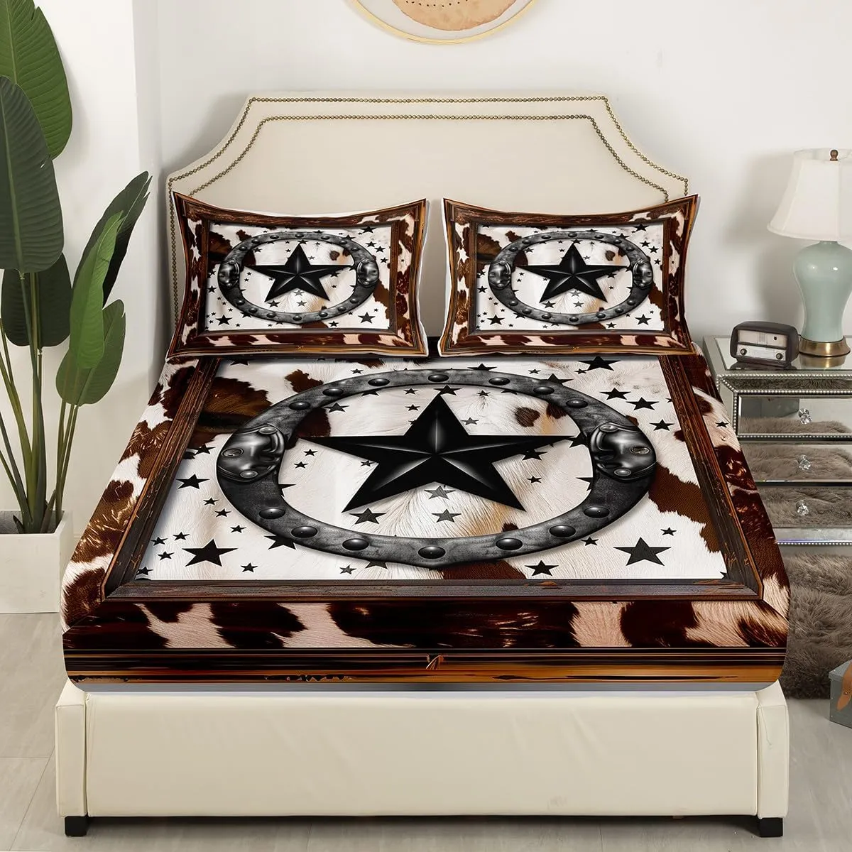 Black Western Texas Star Fitted Sheet American Horseshoe Cowhide Bedding Sets,Bull Cattle Longhorn Cow Print Bed Sheets Grunge Brown Rustic Wooden Bedding Full,Farm Animals Farmhouse Decor
