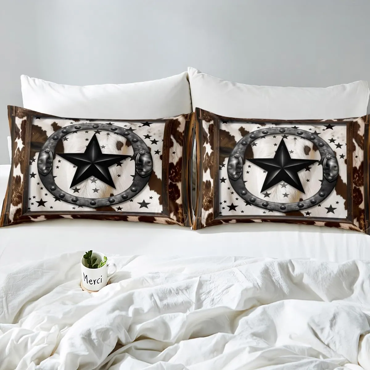 Black Western Texas Star Fitted Sheet American Horseshoe Cowhide Bedding Sets,Bull Cattle Longhorn Cow Print Bed Sheets Grunge Brown Rustic Wooden Bedding Full,Farm Animals Farmhouse Decor
