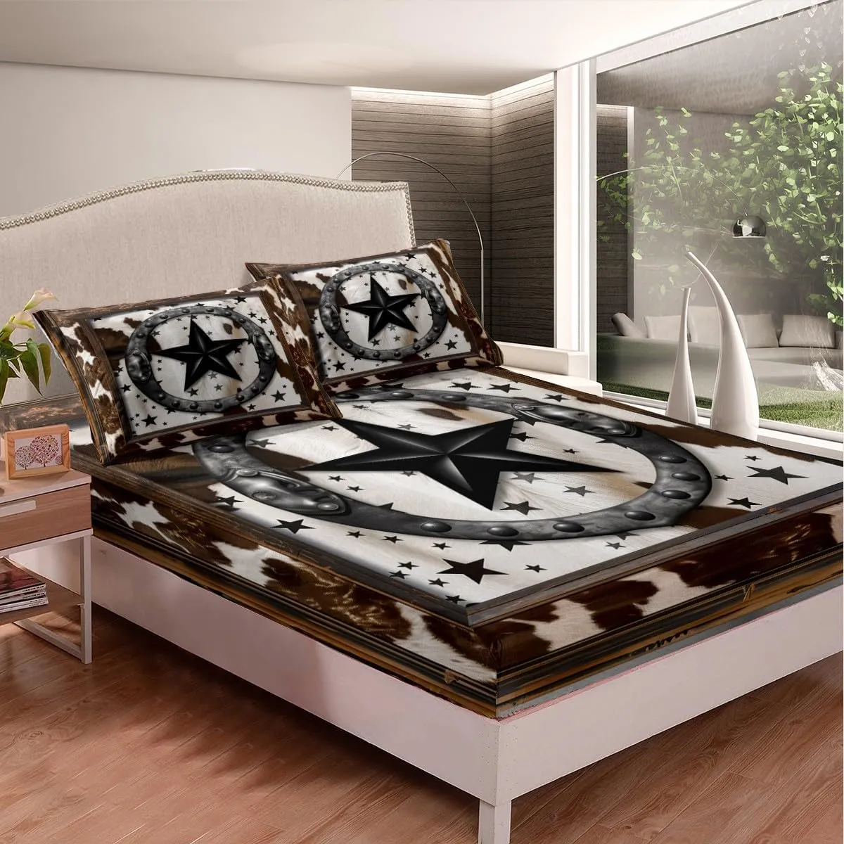 Black Western Texas Star Fitted Sheet American Horseshoe Cowhide Bedding Sets,Bull Cattle Longhorn Cow Print Bed Sheets Grunge Brown Rustic Wooden Bedding Full,Farm Animals Farmhouse Decor