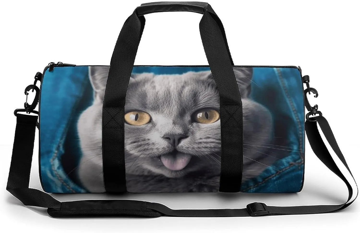 Blue Cat Sticking Out Tongue Cylindrical Gym Bag Travel Duffel Bag with Dry Wet Separated Pocket for Men And Women Overnight Bag Weekender Bag Training Handbag Yoga Bag