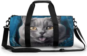 Blue Cat Sticking Out Tongue Cylindrical Gym Bag Travel Duffel Bag with Dry Wet Separated Pocket for Men And Women Overnight Bag Weekender Bag Training Handbag Yoga Bag