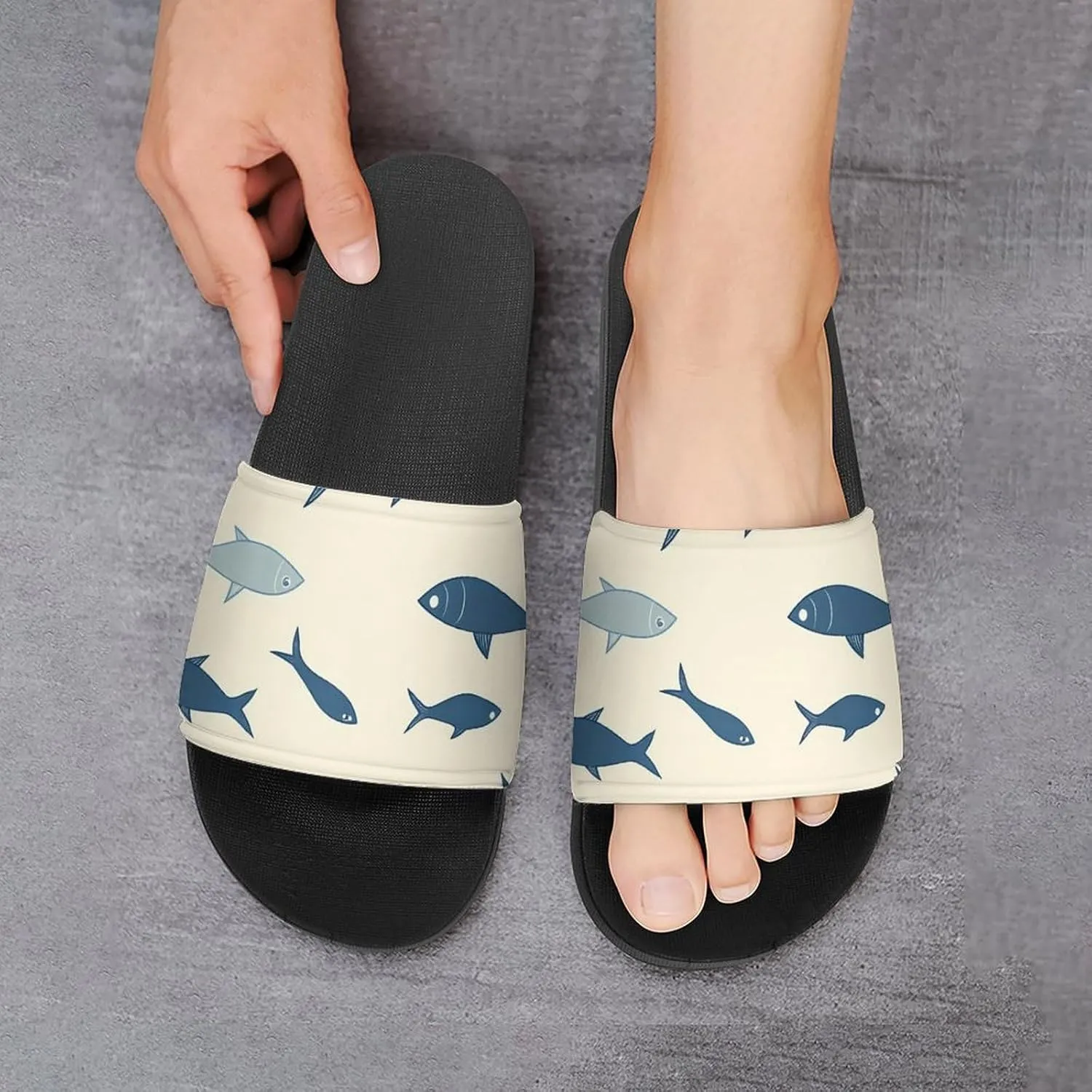 Blue Fish Cream Pattern Slippers Indoor Outdoor Unisex House Slipper Shower Slippers Non-Slip Open Toe Shoes