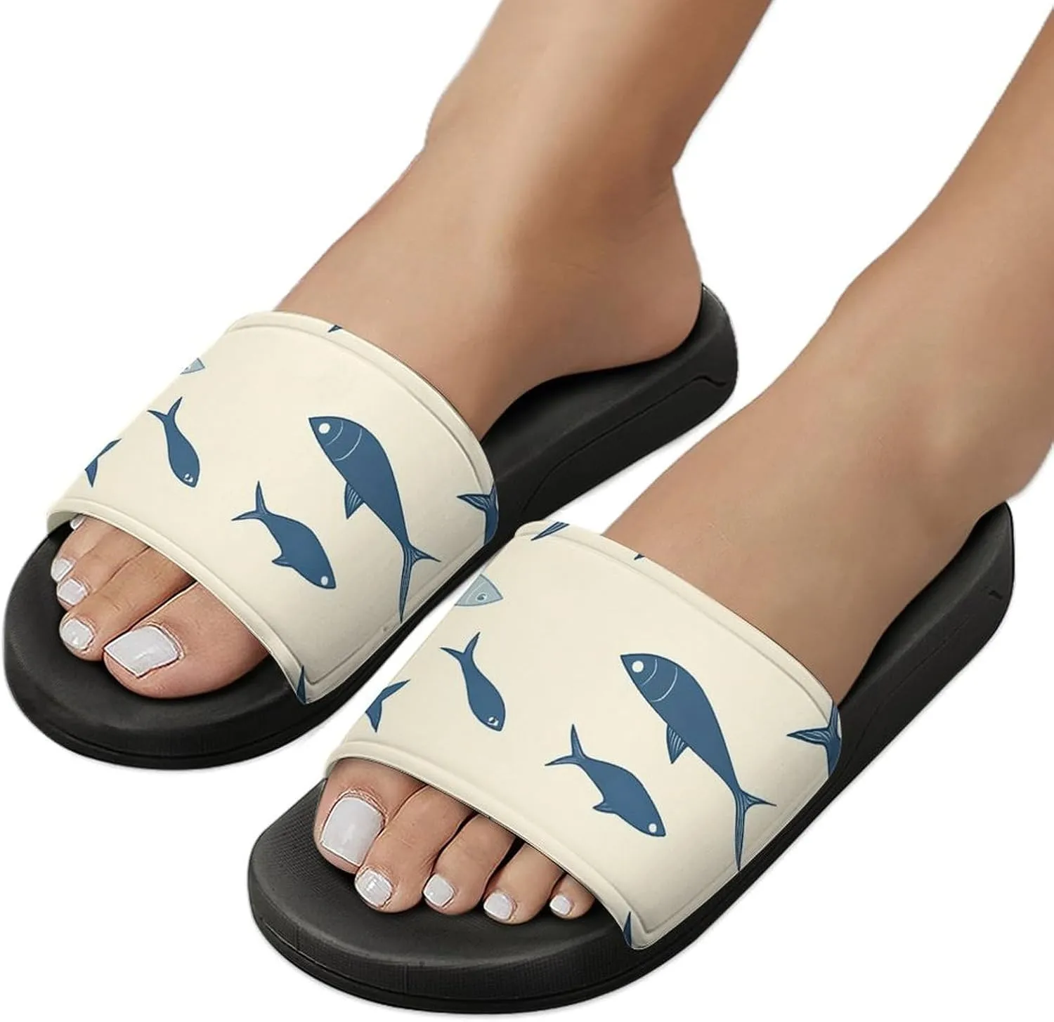 Blue Fish Cream Pattern Slippers Indoor Outdoor Unisex House Slipper Shower Slippers Non-Slip Open Toe Shoes