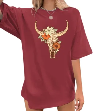 Boho Cow Skull Shirts for Women Oversized Western Country Graphic Tees Vintage Rodeo Cowgirl T Shirt Casual Tops