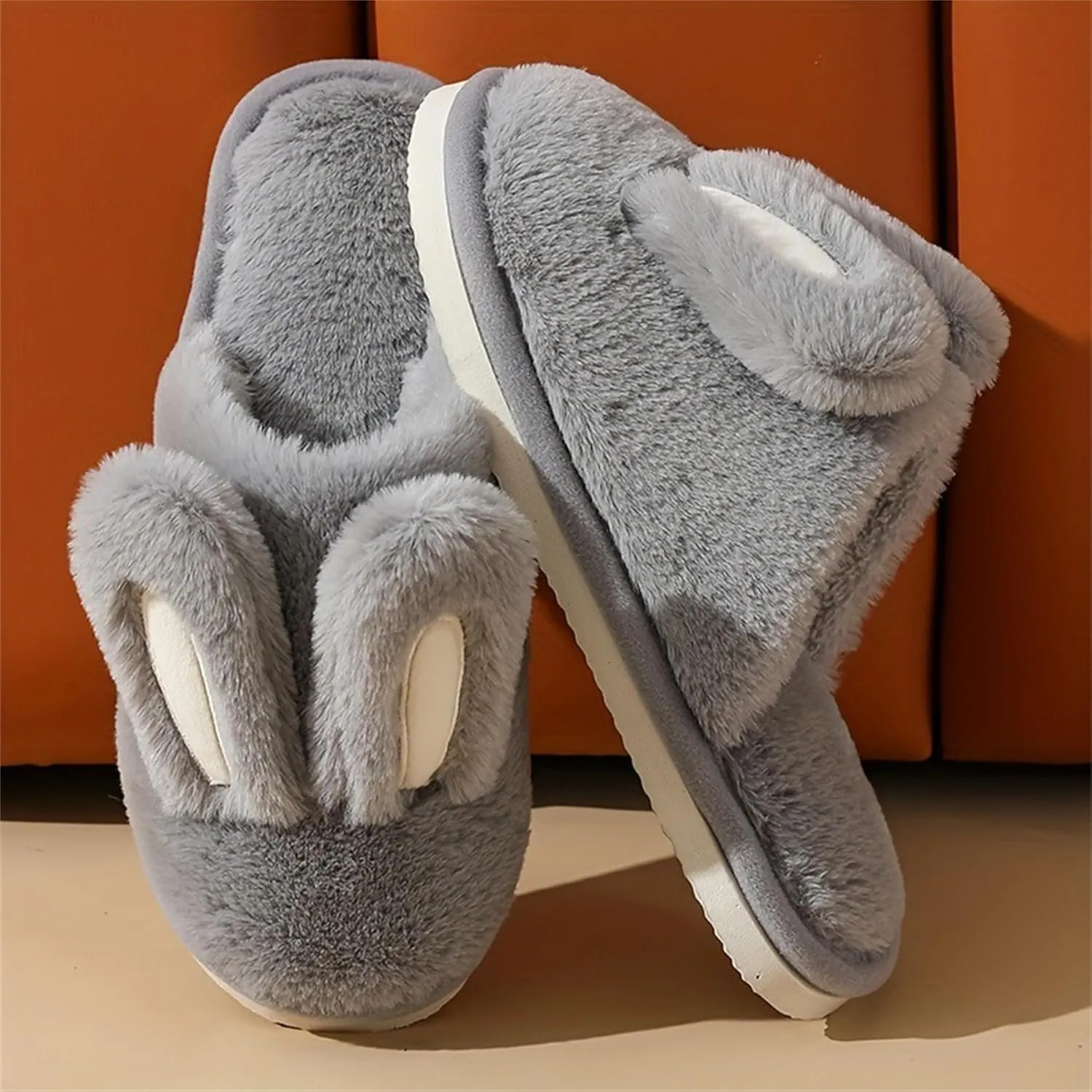 bunny ear flat bottom warm and non slip slippers Men and women's home plush cotton slippers