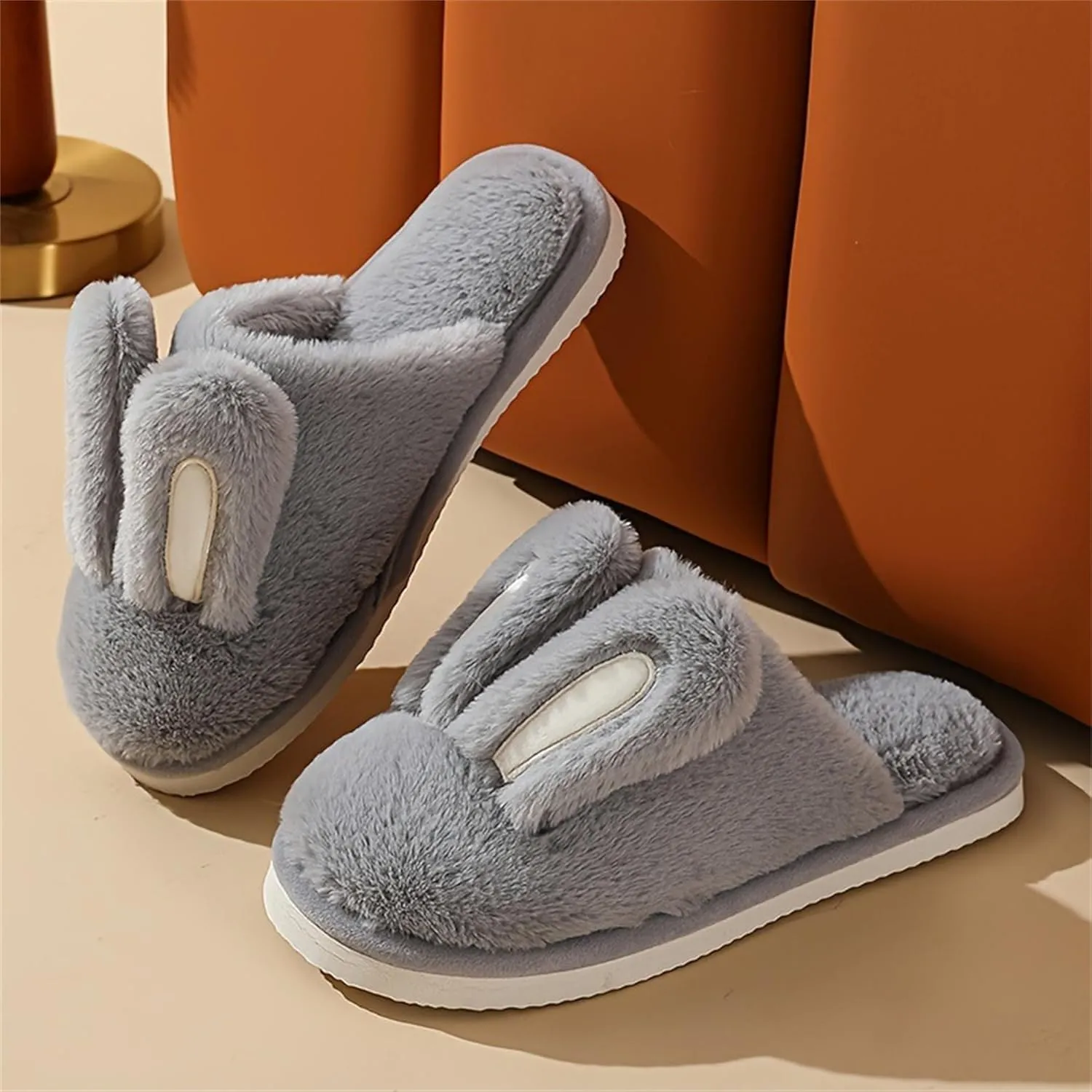bunny ear flat bottom warm and non slip slippers Men and women's home plush cotton slippers