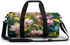Butterflies And Blooms Cylindrical Gym Bag Travel Duffel Bag with Dry Wet Separated Pocket for Men And Women Overnight Bag Weekender Bag Training Handbag Yoga Bag