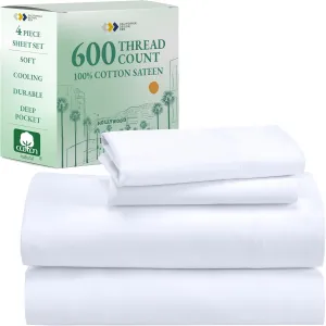 California Design Den Full Size Bed Sheets Set - Luxury 600 Thread Count 100% Cotton Sateen, Cooling Sheets, Deep Pockets with All Around Elastic for a Snug Fit, Hotel Quality Bedding Set - White