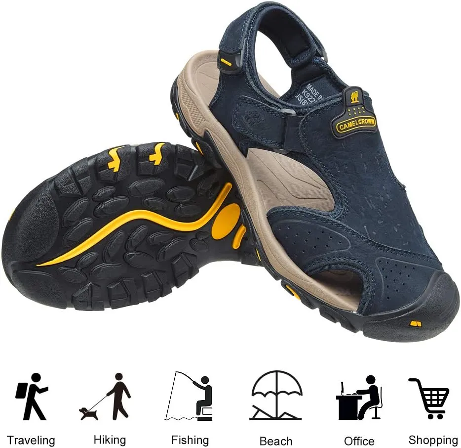 CAMEL CROWN Mens Hiking Sandals Waterproof Leather Fisherman Sandal for Athletic Outdoor Beach Sport Summer-Closed Toe Size 7-12