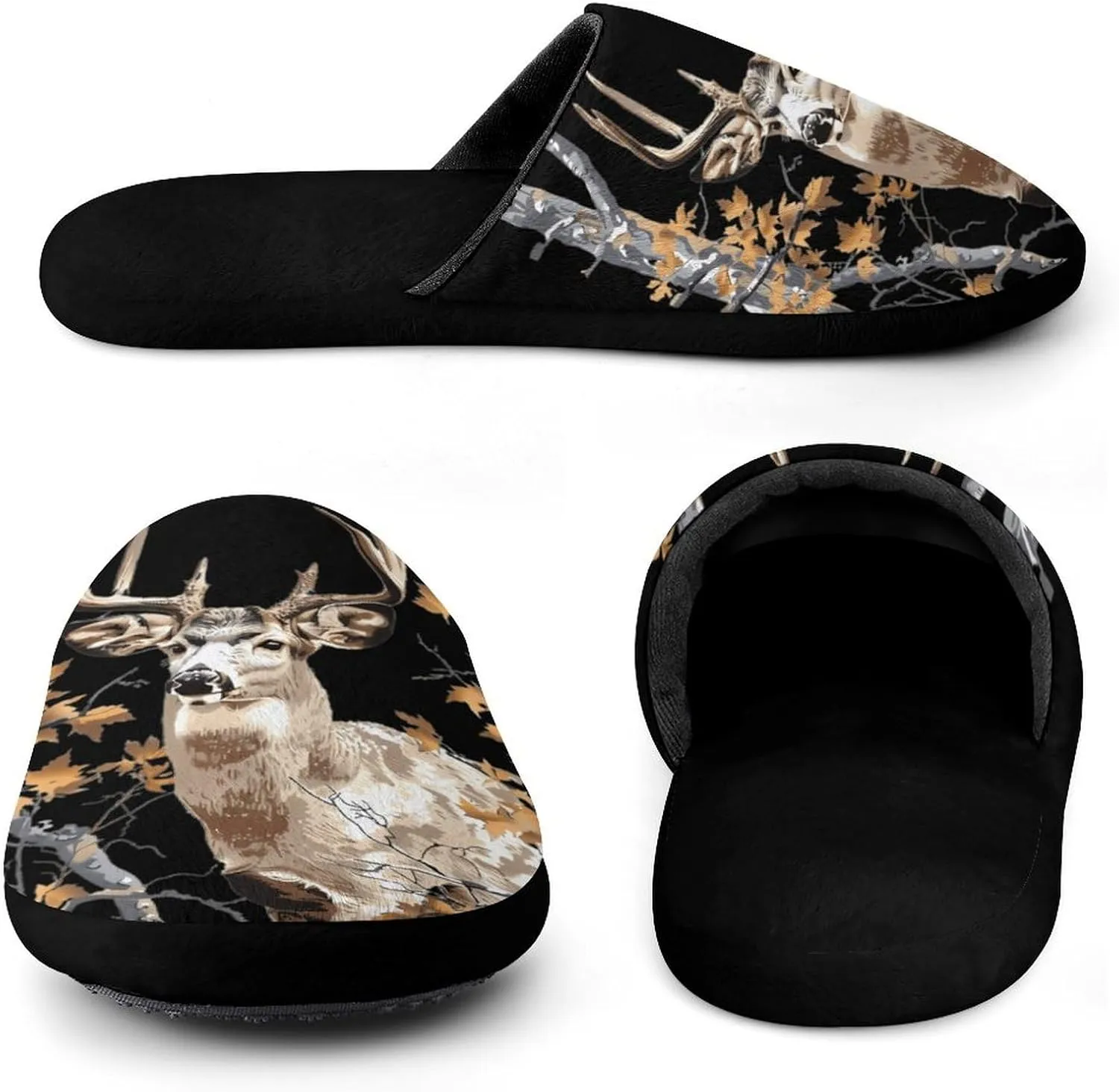 Camouflage Deer Hunting Flannel Slipper for Adult Men House Warm Shoes Slip On Memory Foam for Indoor Outdoor