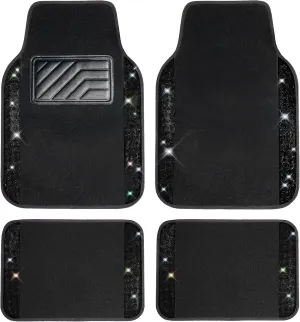 CAR PASS Bling Diamond Car Floor Mats, Sparkling Crystal Shining Glitter Rhinestone Carpet, Anti-Slip PVC Heel Pad Waterproof Universal for Automotive SUV,Sedan,Van,4pcs Girl Women Men Black Diamond