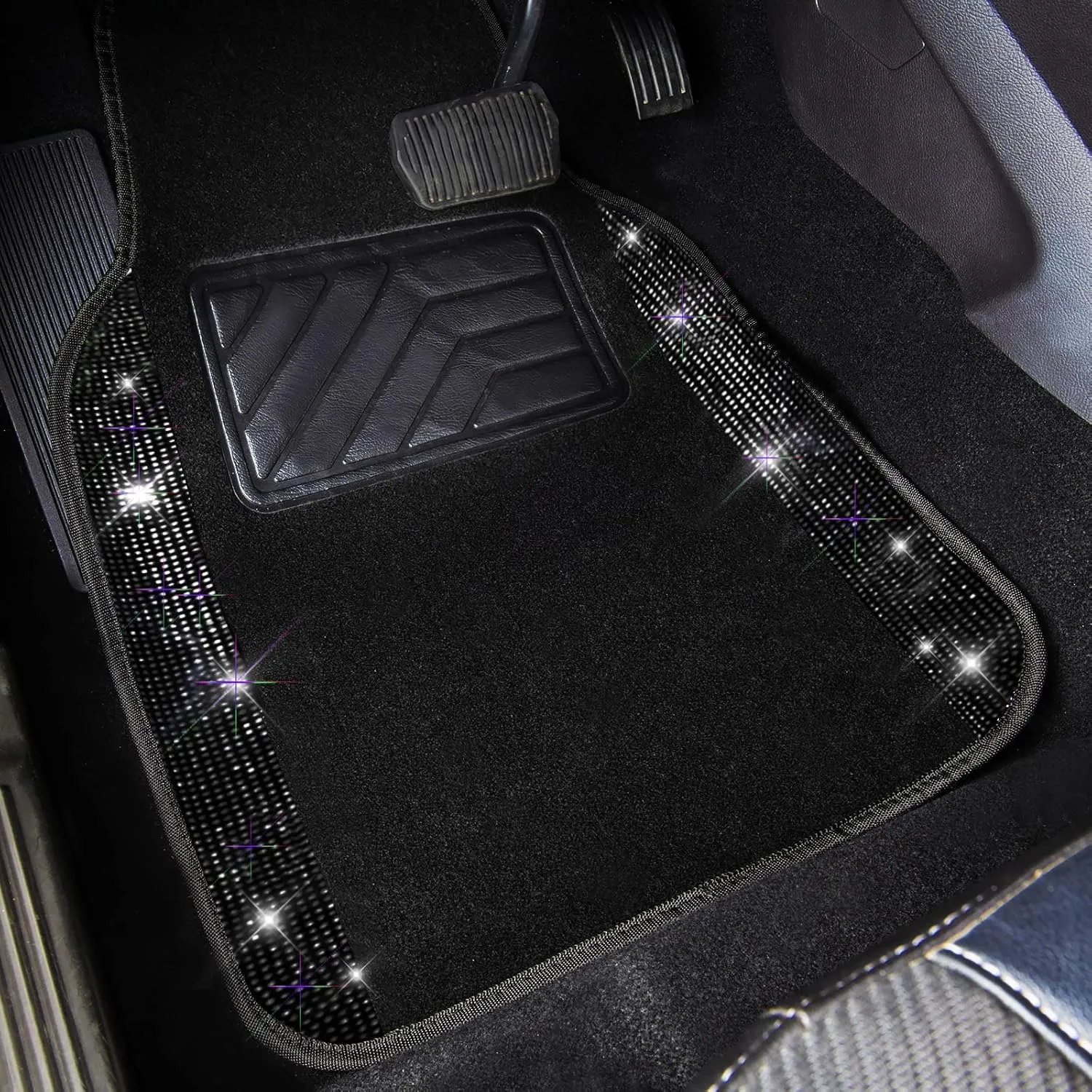 CAR PASS Bling Diamond Car Floor Mats, Sparkling Crystal Shining Glitter Rhinestone Carpet, Anti-Slip PVC Heel Pad Waterproof Universal for Automotive SUV,Sedan,Van,4pcs Girl Women Men Black Diamond
