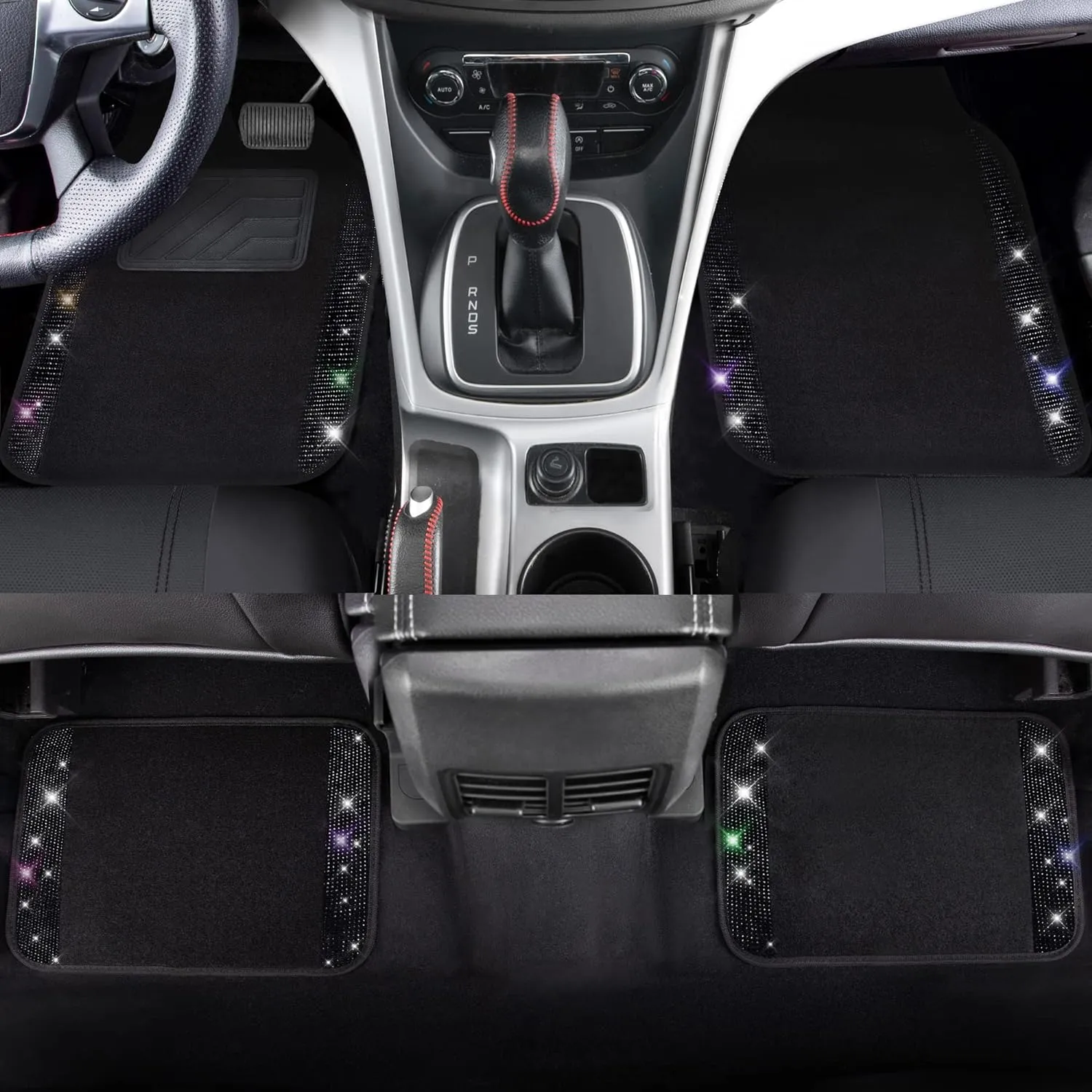 CAR PASS Bling Diamond Car Floor Mats, Sparkling Crystal Shining Glitter Rhinestone Carpet, Anti-Slip PVC Heel Pad Waterproof Universal for Automotive SUV,Sedan,Van,4pcs Girl Women Men Black Diamond