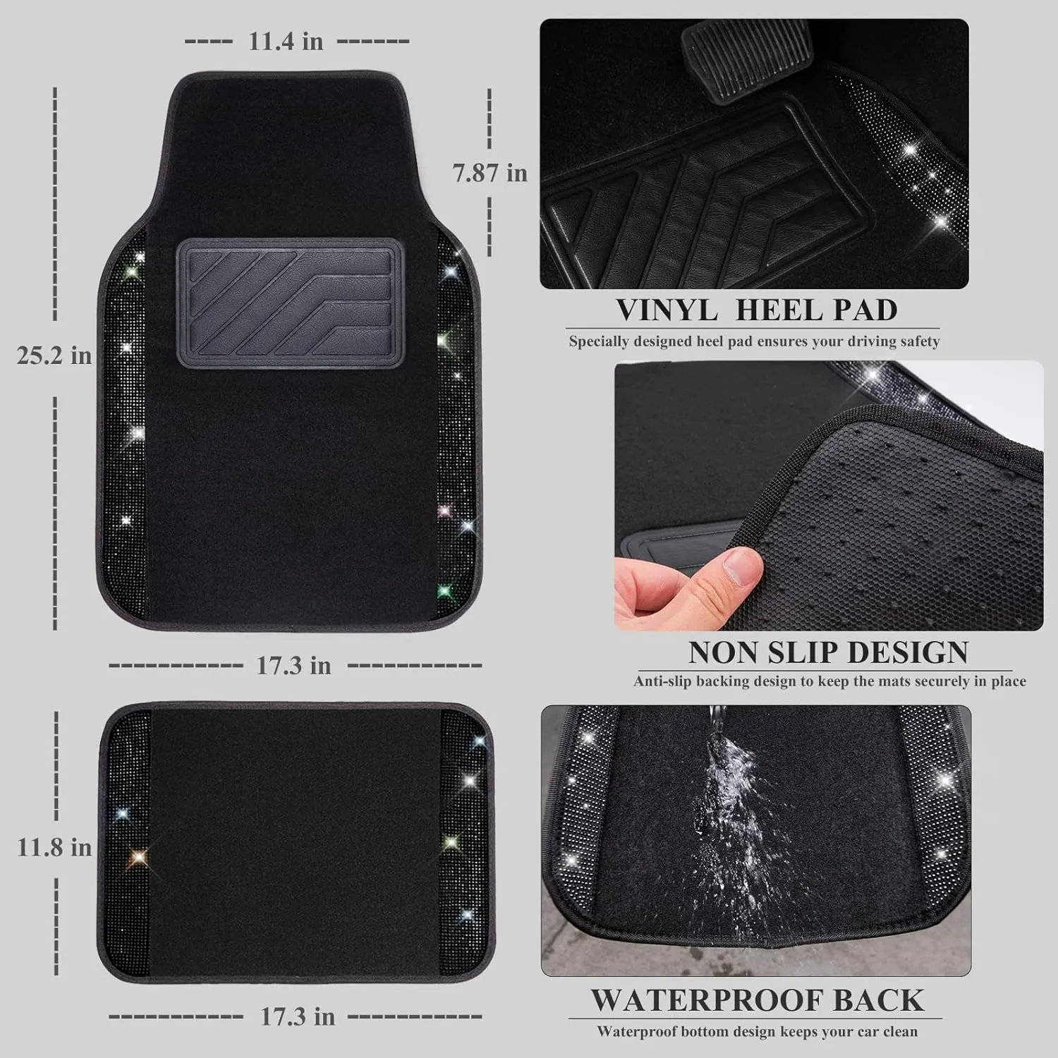 CAR PASS Bling Diamond Car Floor Mats, Sparkling Crystal Shining Glitter Rhinestone Carpet, Anti-Slip PVC Heel Pad Waterproof Universal for Automotive SUV,Sedan,Van,4pcs Girl Women Men Black Diamond