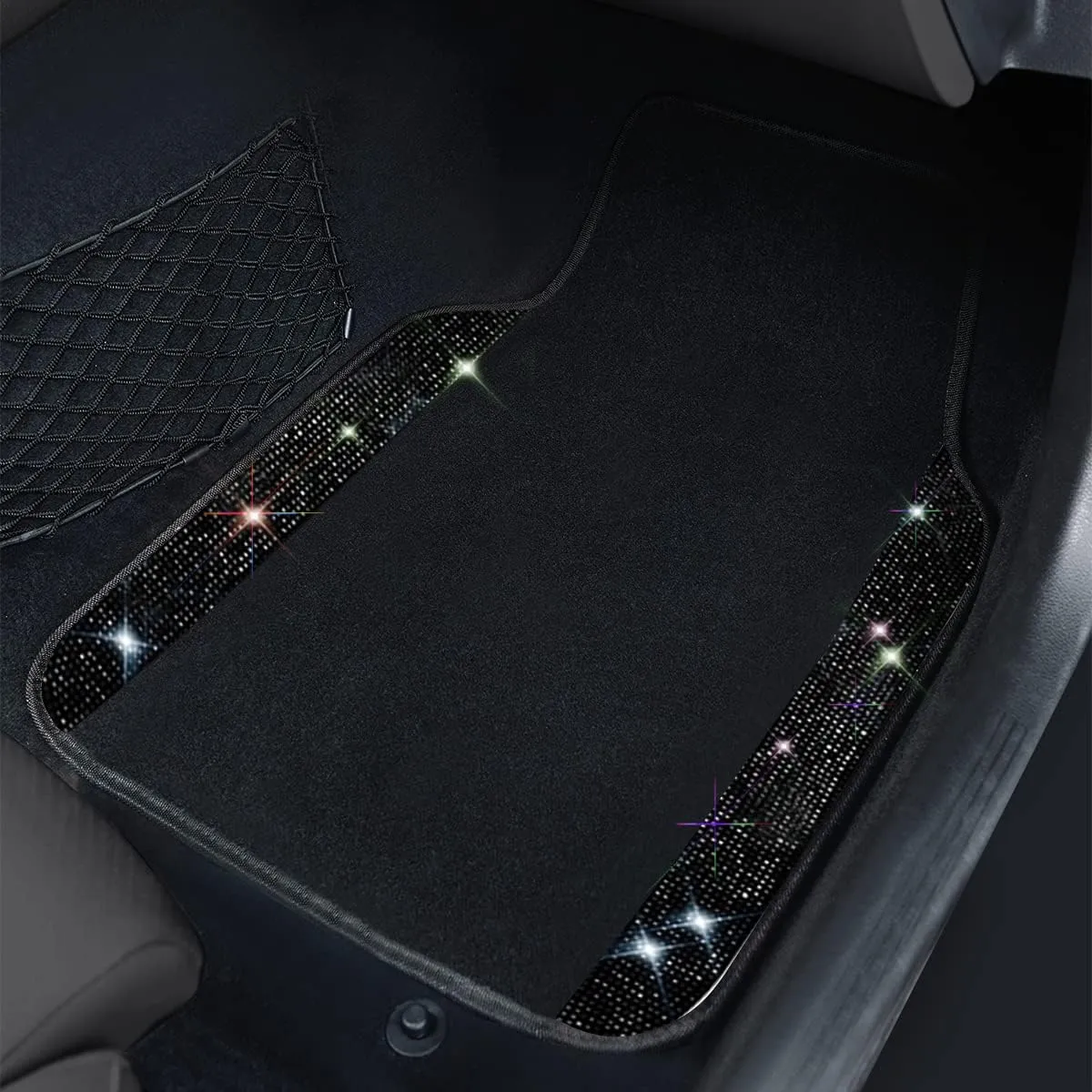 CAR PASS Bling Diamond Car Floor Mats, Sparkling Crystal Shining Glitter Rhinestone Carpet, Anti-Slip PVC Heel Pad Waterproof Universal for Automotive SUV,Sedan,Van,4pcs Girl Women Men Black Diamond