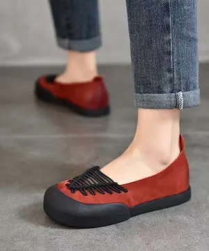 Casual Comfortable Red Cowhide Leather Splicing Flat Feet Shoes