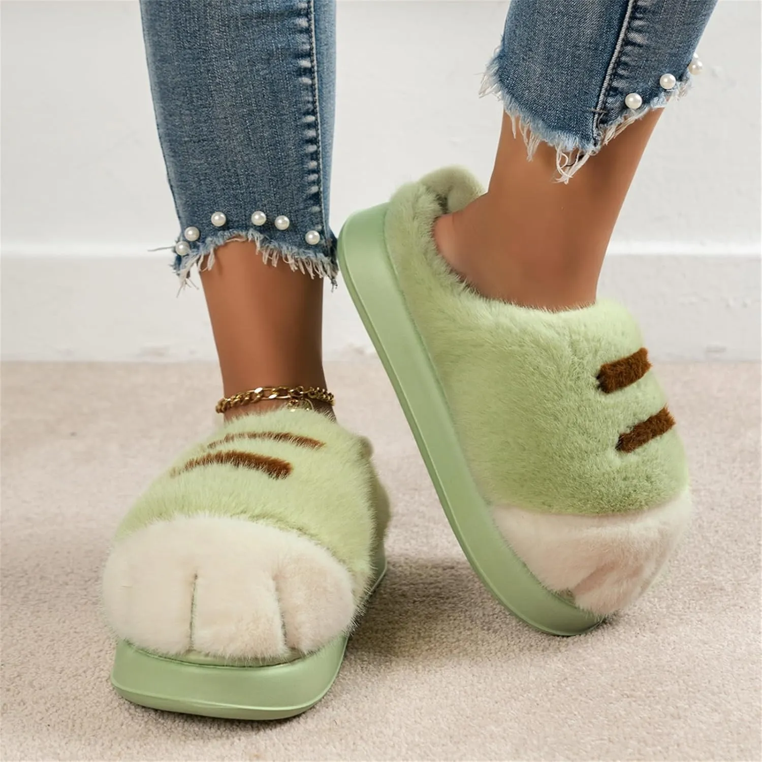 Cat Paw Slippers, Cat Slippers for Women 3D Cat Paw Cartoon Slipper Warm Fluffy Furry Winter Indoor Outdoor Slides