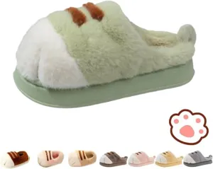 Cat Paw Slippers, Cat Slippers for Women 3D Cat Paw Cartoon Slipper Warm Fluffy Furry Winter Indoor Outdoor Slides