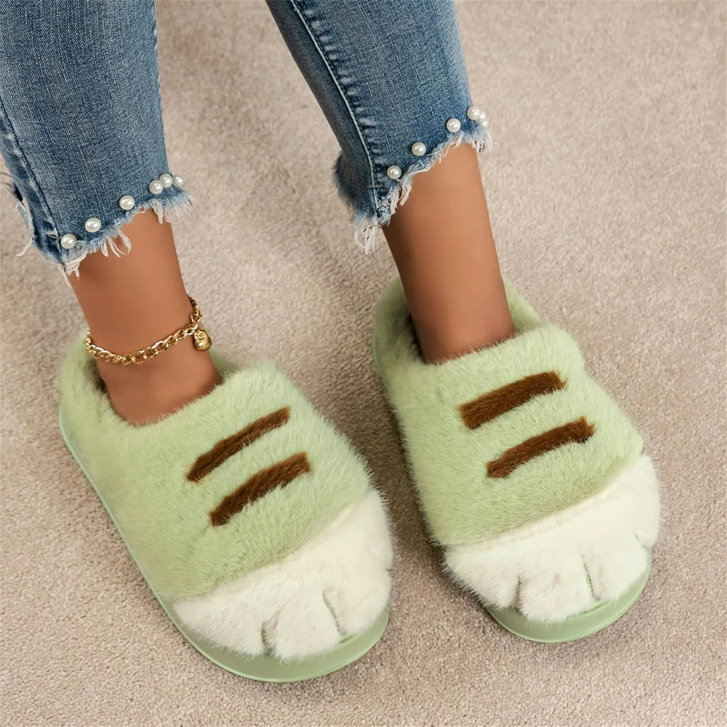 Cat Paw Slippers, Cat Slippers for Women 3D Cat Paw Cartoon Slipper Warm Fluffy Furry Winter Indoor Outdoor Slides