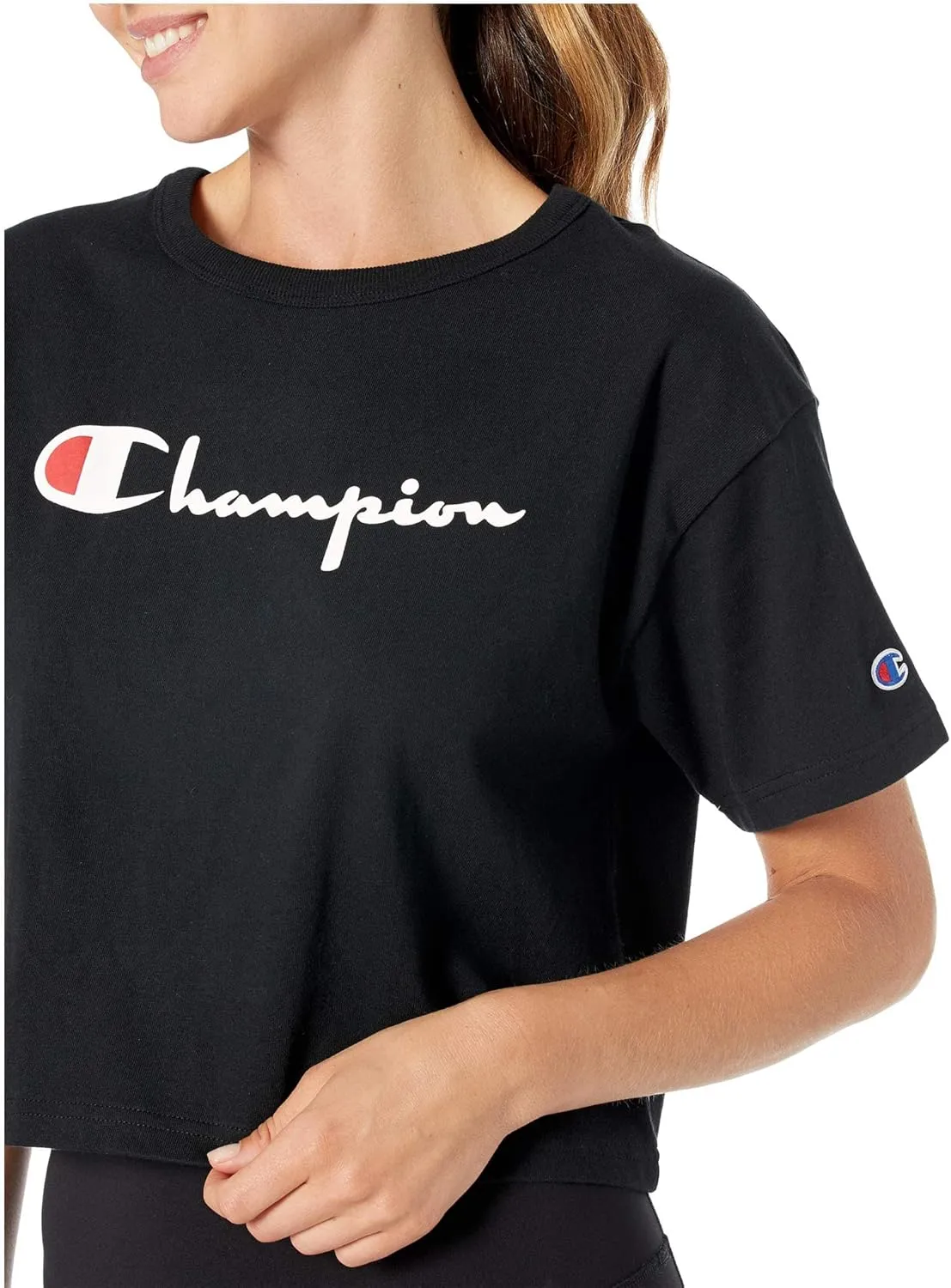 Champion Women's Cropped Reverse Weave Crew, Left Chest C