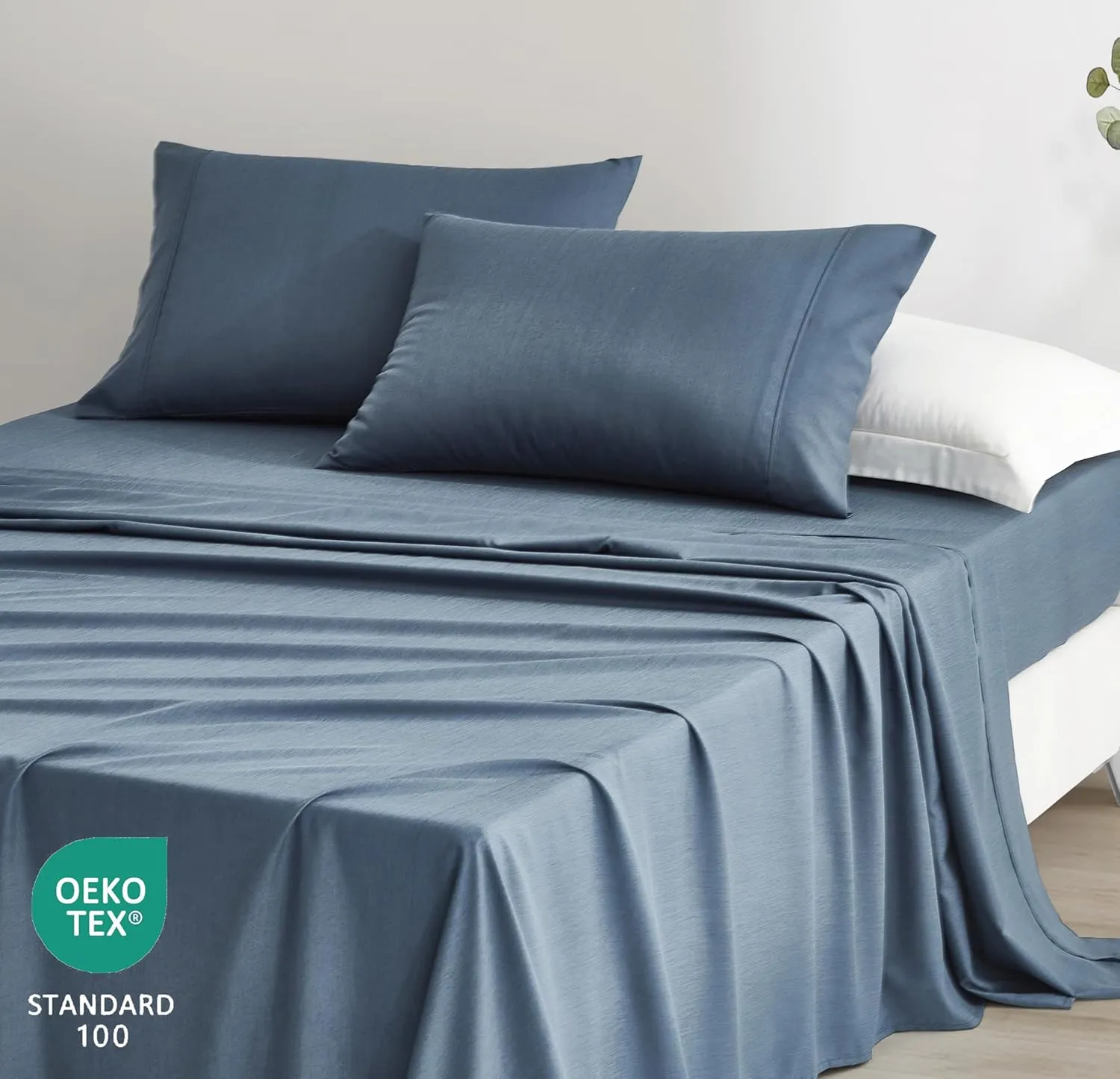 Chezmoi Collection 4-Piece Stone Washed Full Sheet Set - Rayon Derived from Bamboo & Polyester Blended, Breathable & Cooling 15-Inches Deep Pocket Sheets & Pillowcases Set, Steel Blue