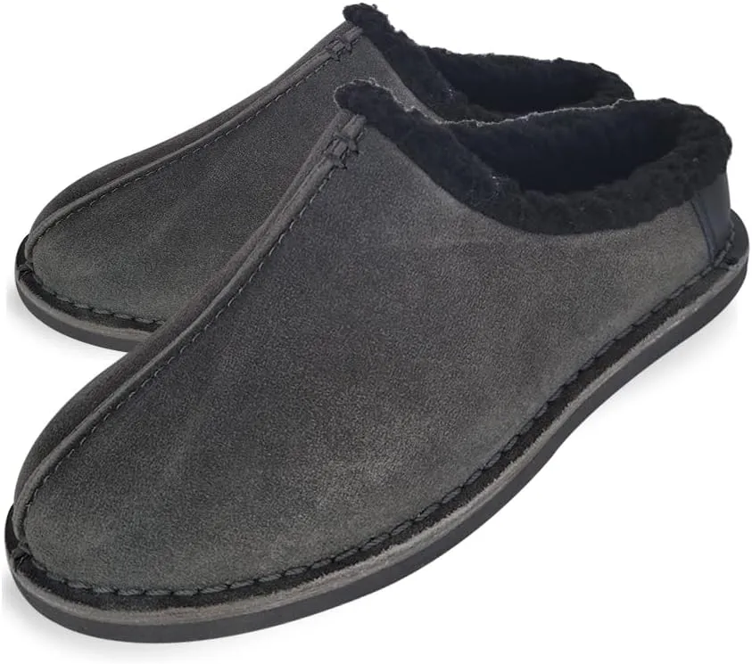 Clarks Men's Suede Leather Clog Slippers With Faux Shearling Collar , JMS0572,Indoor/Outdoor Low Open Back Slip-Ons, Grey, 8 UK